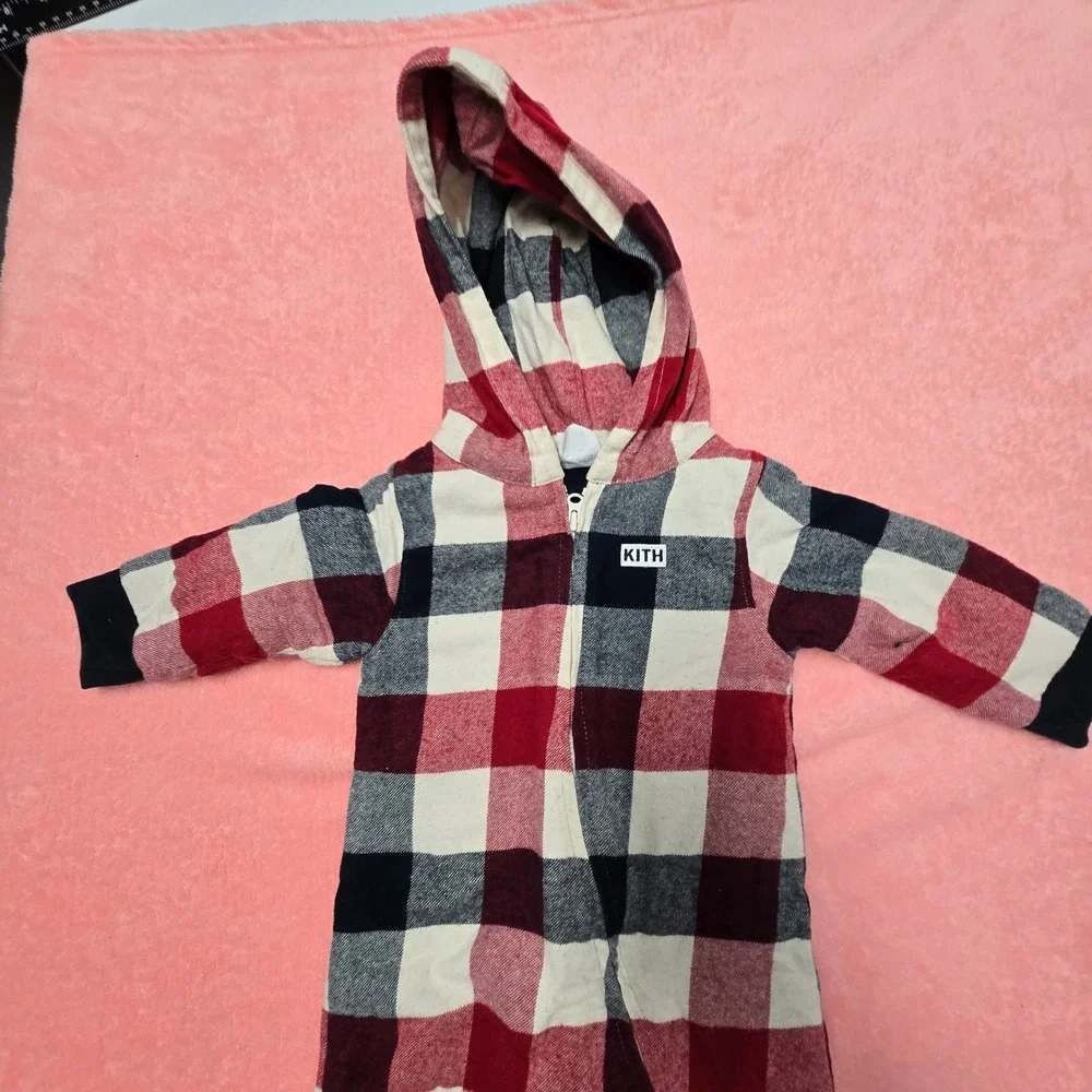 Kith Kids Plaid Hooded Onepiece Romper Jumpsuit Red Cream Blue Size 3-6 Months